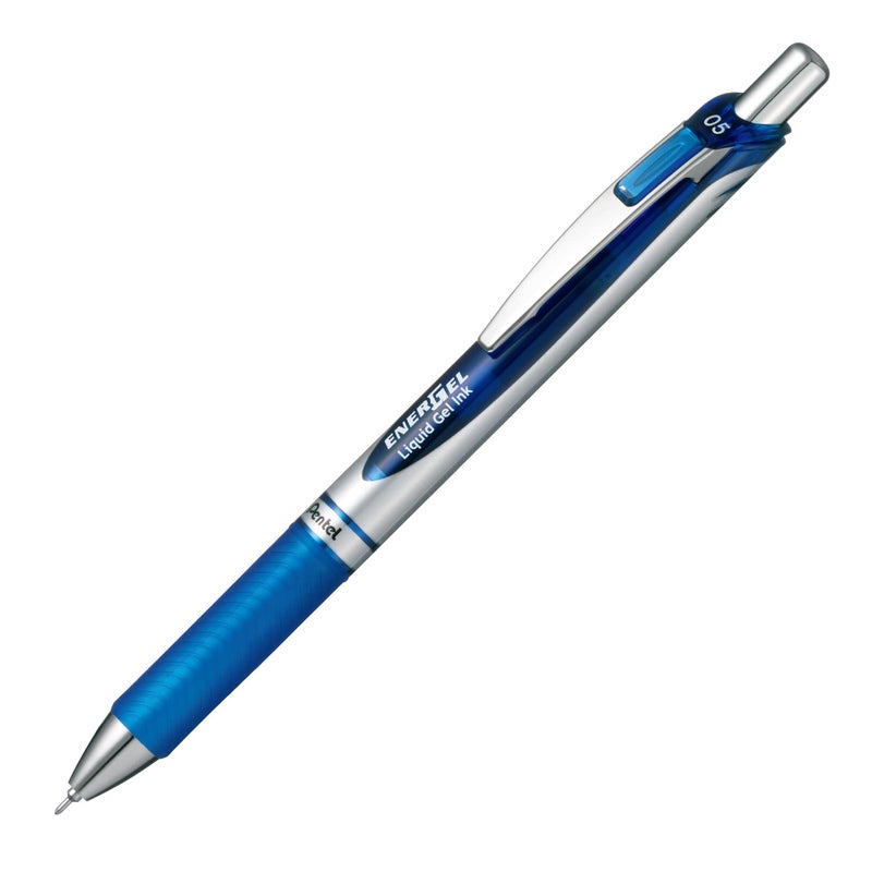 بنتل قلم حبر جاف Pentel Energel Knock، طرف إبرة 0.5 مم، حبر أزرق، جسم فضي مع لمسة زرقاء (BLN75Z-C) - Image 1